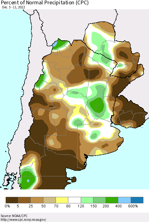 Southern South America Percent of Normal Precipitation (CPC) Thematic Map For 12/5/2022 - 12/11/2022