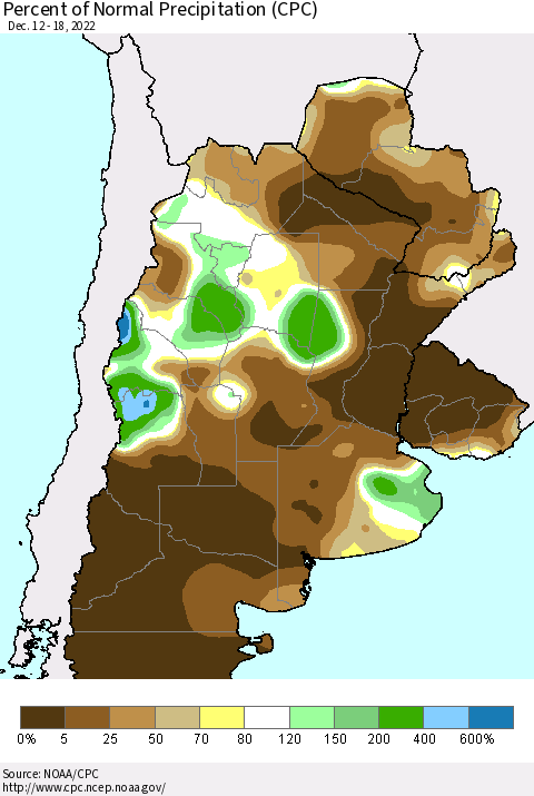 Southern South America Percent of Normal Precipitation (CPC) Thematic Map For 12/12/2022 - 12/18/2022