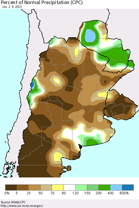 Southern South America Percent of Normal Precipitation (CPC) Thematic Map For 1/2/2023 - 1/8/2023