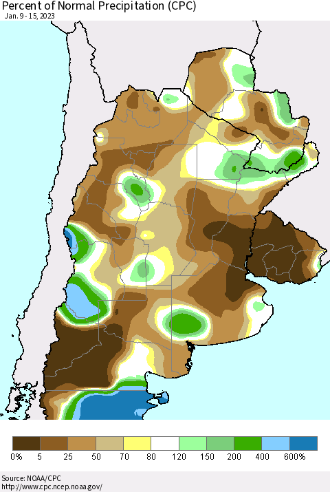Southern South America Percent of Normal Precipitation (CPC) Thematic Map For 1/9/2023 - 1/15/2023