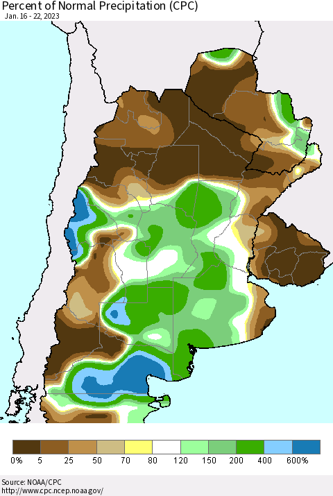 Southern South America Percent of Normal Precipitation (CPC) Thematic Map For 1/16/2023 - 1/22/2023