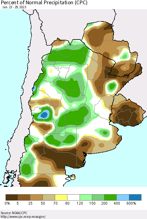 Southern South America Percent of Normal Precipitation (CPC) Thematic Map For 1/23/2023 - 1/29/2023