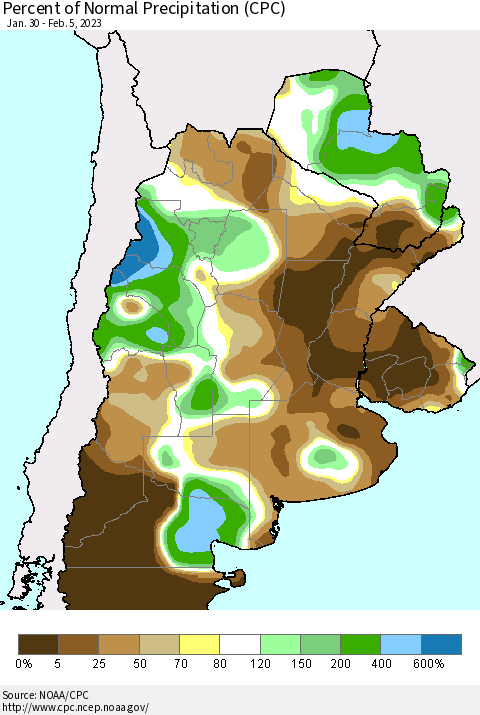 Southern South America Percent of Normal Precipitation (CPC) Thematic Map For 1/30/2023 - 2/5/2023