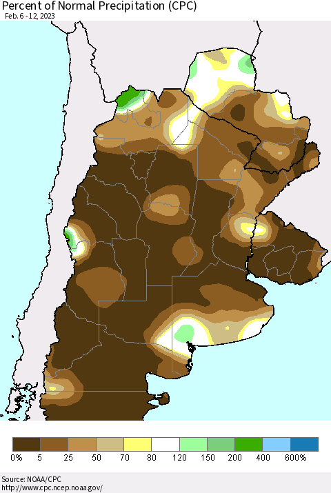 Southern South America Percent of Normal Precipitation (CPC) Thematic Map For 2/6/2023 - 2/12/2023
