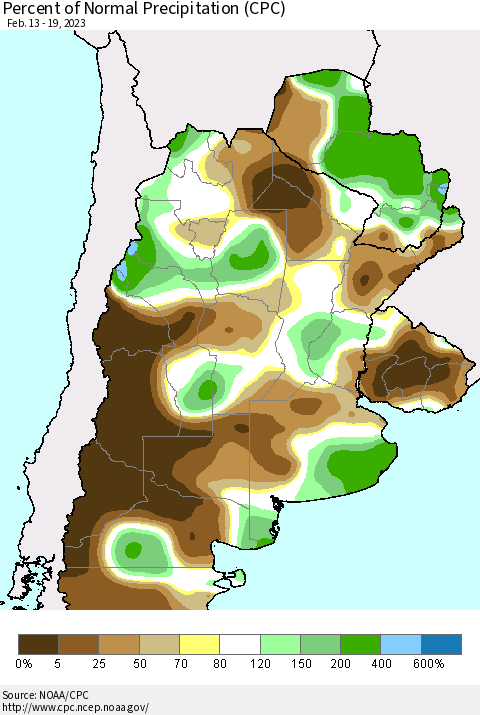 Southern South America Percent of Normal Precipitation (CPC) Thematic Map For 2/13/2023 - 2/19/2023