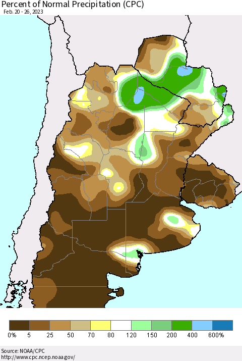 Southern South America Percent of Normal Precipitation (CPC) Thematic Map For 2/20/2023 - 2/26/2023