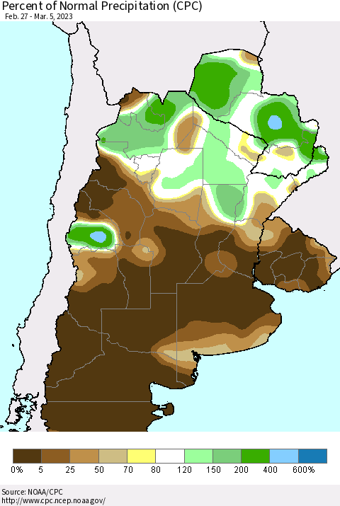 Southern South America Percent of Normal Precipitation (CPC) Thematic Map For 2/27/2023 - 3/5/2023