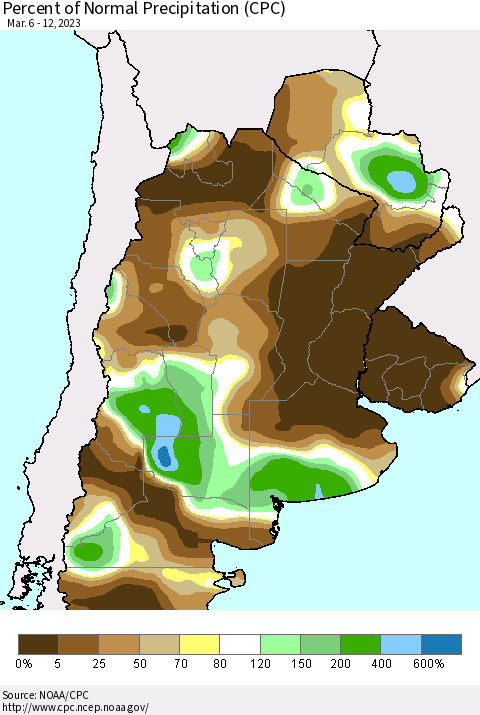 Southern South America Percent of Normal Precipitation (CPC) Thematic Map For 3/6/2023 - 3/12/2023