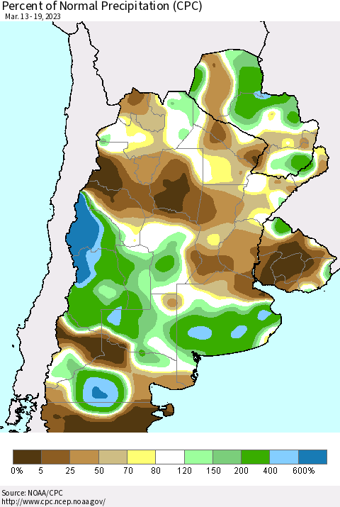 Southern South America Percent of Normal Precipitation (CPC) Thematic Map For 3/13/2023 - 3/19/2023