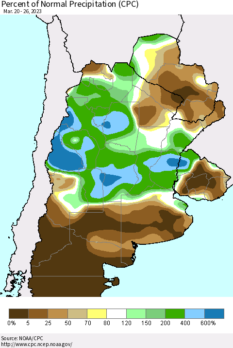 Southern South America Percent of Normal Precipitation (CPC) Thematic Map For 3/20/2023 - 3/26/2023