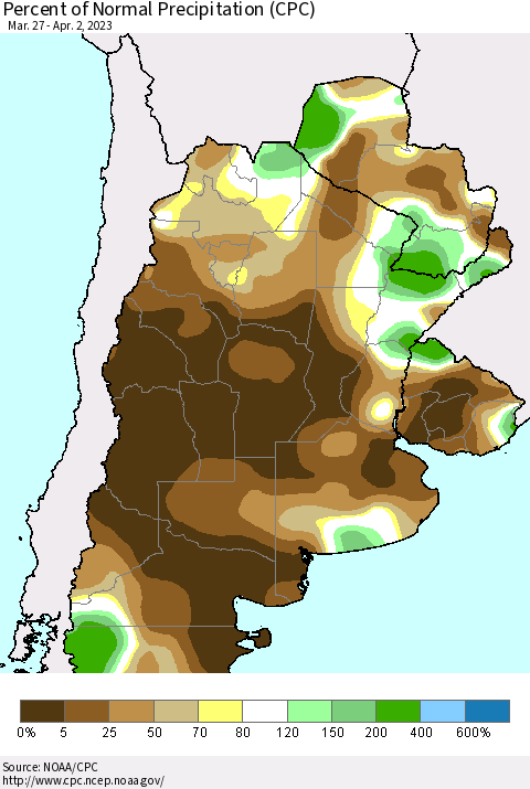 Southern South America Percent of Normal Precipitation (CPC) Thematic Map For 3/27/2023 - 4/2/2023