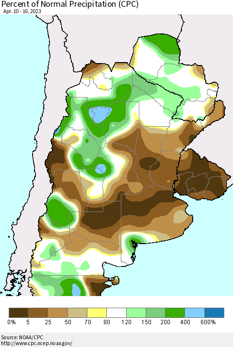 Southern South America Percent of Normal Precipitation (CPC) Thematic Map For 4/10/2023 - 4/16/2023