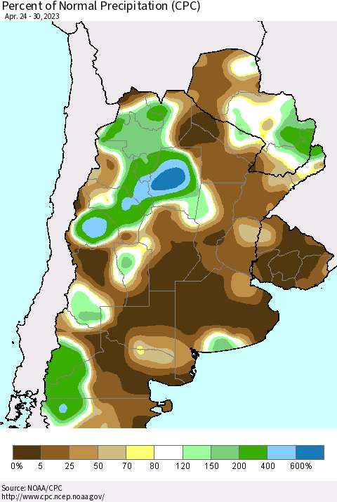 Southern South America Percent of Normal Precipitation (CPC) Thematic Map For 4/24/2023 - 4/30/2023