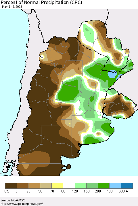 Southern South America Percent of Normal Precipitation (CPC) Thematic Map For 5/1/2023 - 5/7/2023