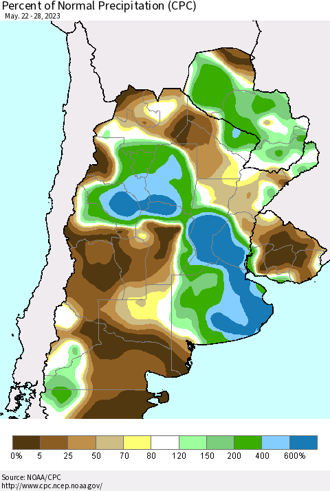 Southern South America Percent of Normal Precipitation (CPC) Thematic Map For 5/22/2023 - 5/28/2023