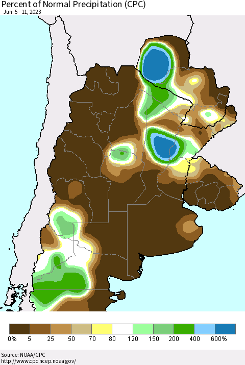 Southern South America Percent of Normal Precipitation (CPC) Thematic Map For 6/5/2023 - 6/11/2023