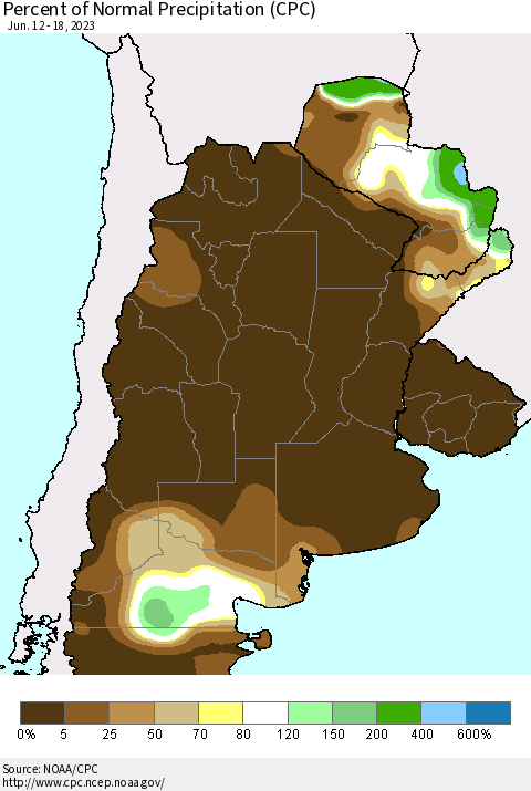 Southern South America Percent of Normal Precipitation (CPC) Thematic Map For 6/12/2023 - 6/18/2023