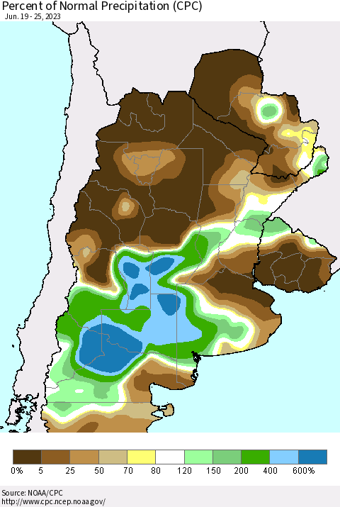 Southern South America Percent of Normal Precipitation (CPC) Thematic Map For 6/19/2023 - 6/25/2023