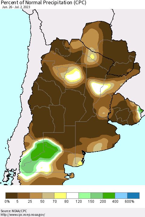 Southern South America Percent of Normal Precipitation (CPC) Thematic Map For 6/26/2023 - 7/2/2023