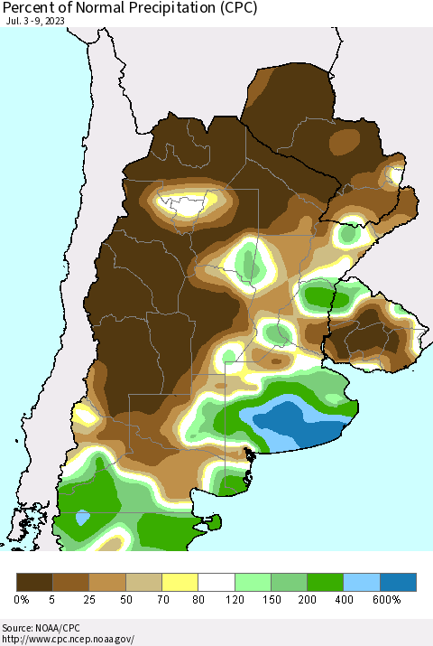 Southern South America Percent of Normal Precipitation (CPC) Thematic Map For 7/3/2023 - 7/9/2023