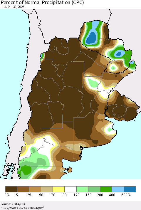 Southern South America Percent of Normal Precipitation (CPC) Thematic Map For 7/24/2023 - 7/30/2023