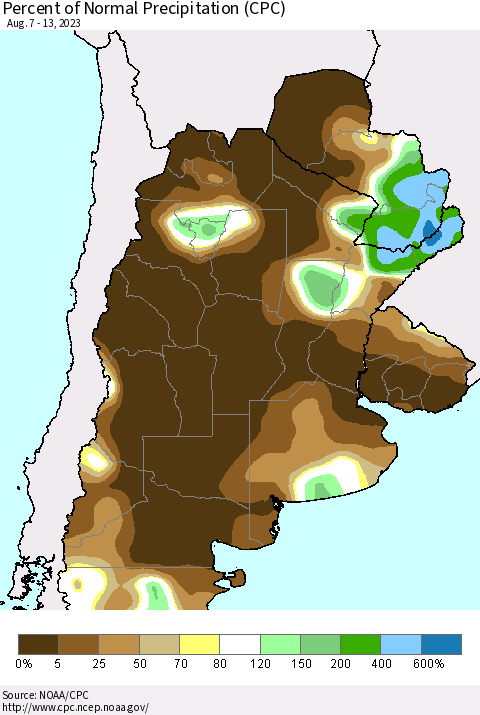 Southern South America Percent of Normal Precipitation (CPC) Thematic Map For 8/7/2023 - 8/13/2023