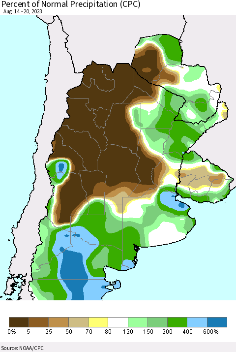 Southern South America Percent of Normal Precipitation (CPC) Thematic Map For 8/14/2023 - 8/20/2023