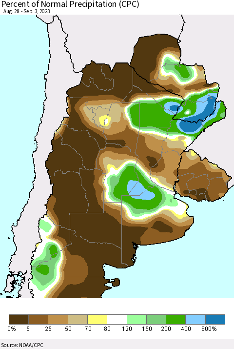 Southern South America Percent of Normal Precipitation (CPC) Thematic Map For 8/28/2023 - 9/3/2023