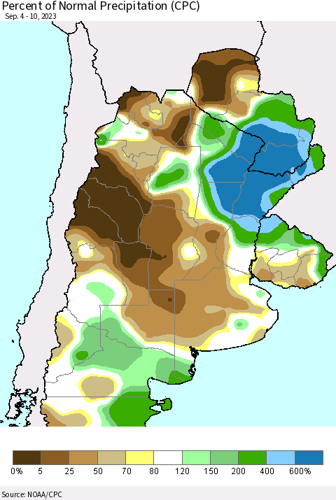 Southern South America Percent of Normal Precipitation (CPC) Thematic Map For 9/4/2023 - 9/10/2023