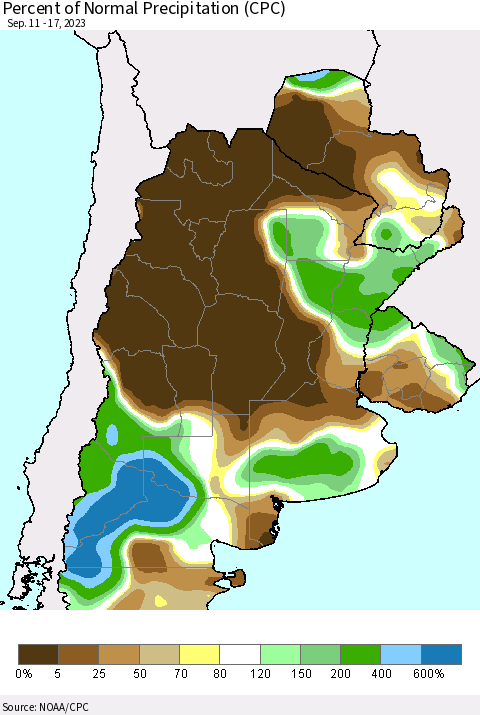 Southern South America Percent of Normal Precipitation (CPC) Thematic Map For 9/11/2023 - 9/17/2023