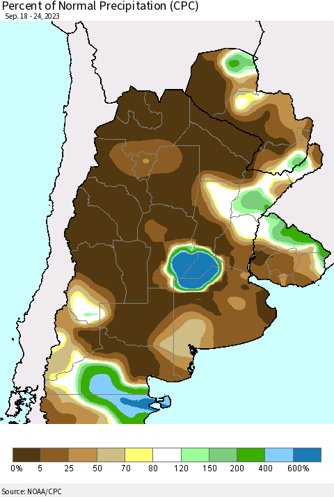 Southern South America Percent of Normal Precipitation (CPC) Thematic Map For 9/18/2023 - 9/24/2023