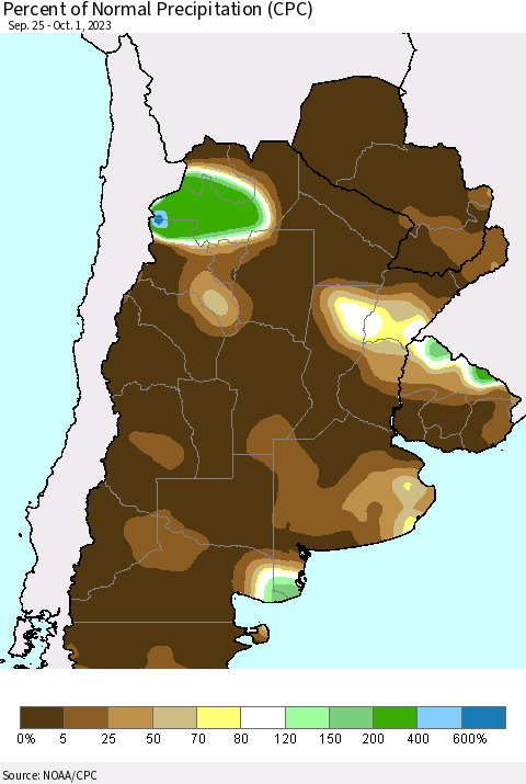 Southern South America Percent of Normal Precipitation (CPC) Thematic Map For 9/25/2023 - 10/1/2023