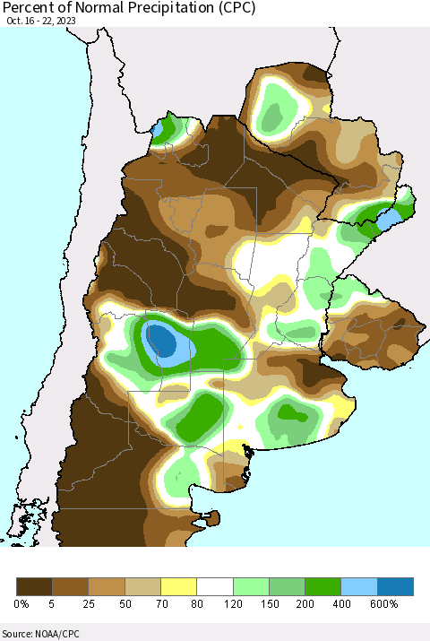 Southern South America Percent of Normal Precipitation (CPC) Thematic Map For 10/16/2023 - 10/22/2023