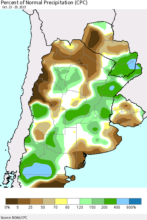 Southern South America Percent of Normal Precipitation (CPC) Thematic Map For 10/23/2023 - 10/29/2023