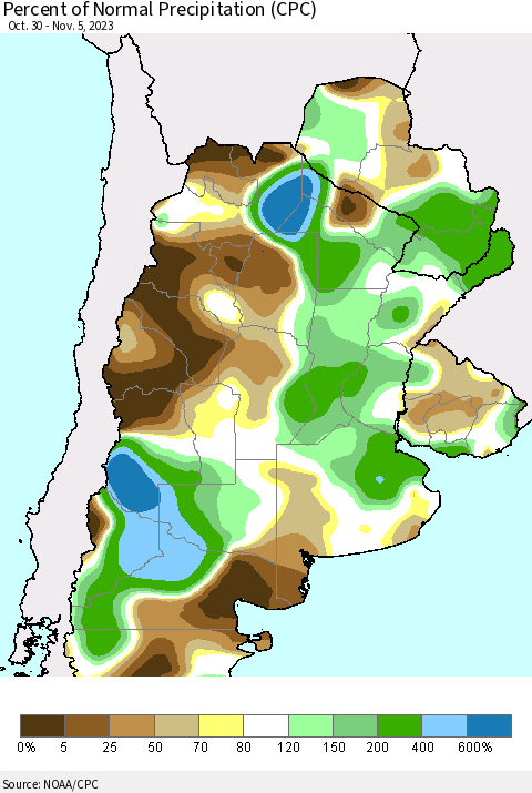 Southern South America Percent of Normal Precipitation (CPC) Thematic Map For 10/30/2023 - 11/5/2023