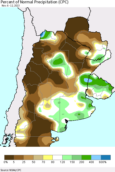 Southern South America Percent of Normal Precipitation (CPC) Thematic Map For 11/6/2023 - 11/12/2023