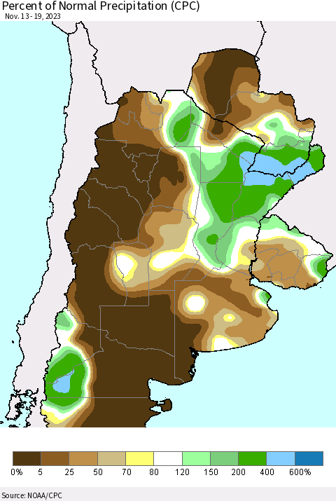 Southern South America Percent of Normal Precipitation (CPC) Thematic Map For 11/13/2023 - 11/19/2023