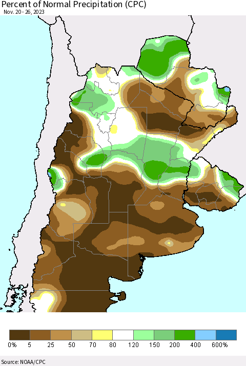 Southern South America Percent of Normal Precipitation (CPC) Thematic Map For 11/20/2023 - 11/26/2023