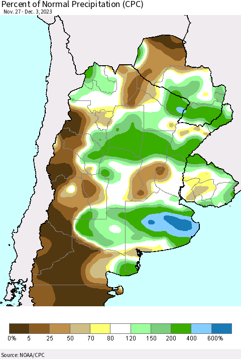 Southern South America Percent of Normal Precipitation (CPC) Thematic Map For 11/27/2023 - 12/3/2023