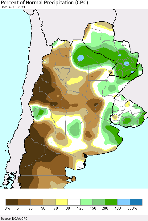 Southern South America Percent of Normal Precipitation (CPC) Thematic Map For 12/4/2023 - 12/10/2023