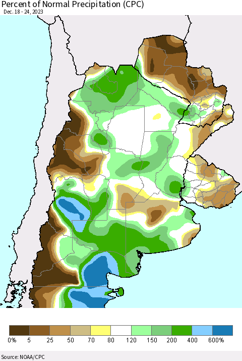 Southern South America Percent of Normal Precipitation (CPC) Thematic Map For 12/18/2023 - 12/24/2023
