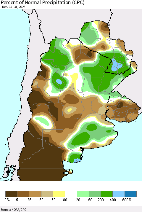 Southern South America Percent of Normal Precipitation (CPC) Thematic Map For 12/25/2023 - 12/31/2023