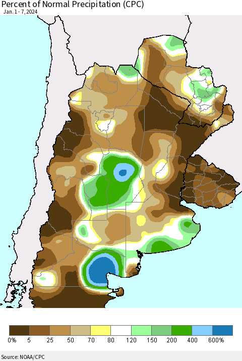 Southern South America Percent of Normal Precipitation (CPC) Thematic Map For 1/1/2024 - 1/7/2024