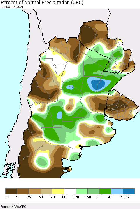 Southern South America Percent of Normal Precipitation (CPC) Thematic Map For 1/8/2024 - 1/14/2024