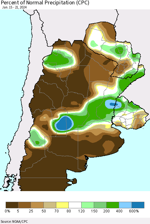 Southern South America Percent of Normal Precipitation (CPC) Thematic Map For 1/15/2024 - 1/21/2024