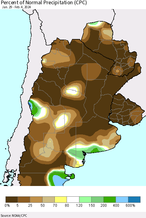Southern South America Percent of Normal Precipitation (CPC) Thematic Map For 1/29/2024 - 2/4/2024