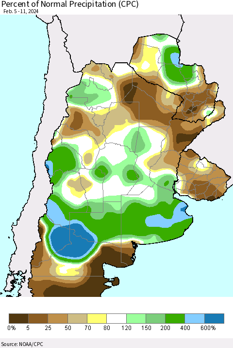 Southern South America Percent of Normal Precipitation (CPC) Thematic Map For 2/5/2024 - 2/11/2024