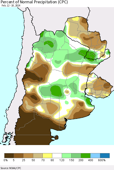 Southern South America Percent of Normal Precipitation (CPC) Thematic Map For 2/12/2024 - 2/18/2024