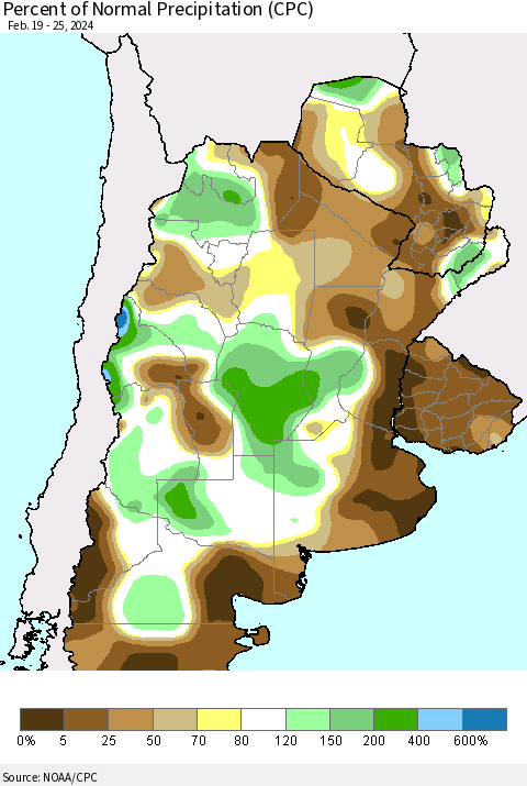 Southern South America Percent of Normal Precipitation (CPC) Thematic Map For 2/19/2024 - 2/25/2024