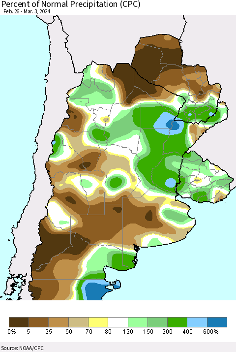 Southern South America Percent of Normal Precipitation (CPC) Thematic Map For 2/26/2024 - 3/3/2024